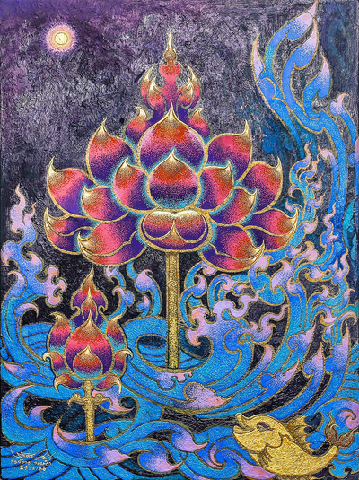 Expressionist Acrylic Painting of Buddhist Lotus Blossom