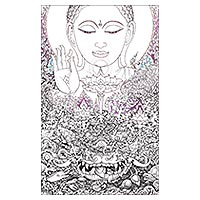 'Cuatro tipos de loto' - Tinta original y acrílico sobre lienzo Pintura de Buda