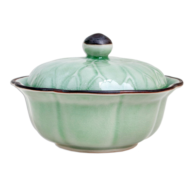Covered celadon ceramic bowl, 'Bai Bua' - Genuine Celadon Ceramic Lidded Bowl from Thailand