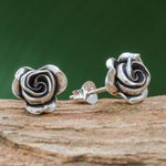 Silver stud earrings, 'First Rose' - Thai Karen Hill Tribe Silver Flower Stud Earrings