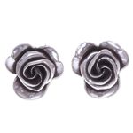 Silver stud earrings, 'First Rose' - Thai Karen Hill Tribe Silver Flower Stud Earrings