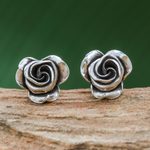 Silver stud earrings, 'First Rose' - Thai Karen Hill Tribe Silver Flower Stud Earrings