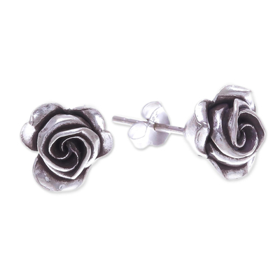 Thai Karen Hill Tribe Silver Flower Stud Earrings - First Rose | NOVICA