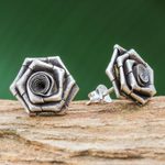 Silver stud earrings, 'Origami Rose' - Thai Karen Hill Tribe Silver Flower Earrings