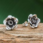 Silver button earrings, 'Hill Tribe Roses' - Thai Karen Hill Tribe Silver Flower Theme Button Earrings