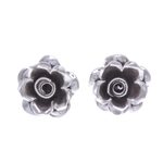 Silver button earrings, 'Hill Tribe Roses' - Thai Karen Hill Tribe Silver Flower Theme Button Earrings
