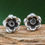 Silver button earrings, 'Hill Tribe Roses' - Thai Karen Hill Tribe Silver Flower Theme Button Earrings
