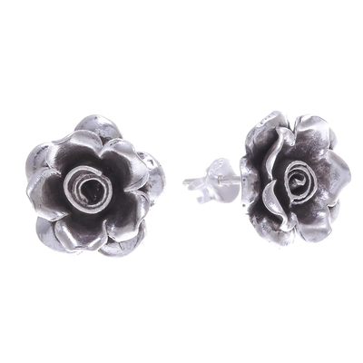 Silver button earrings, 'Hill Tribe Roses' - Thai Karen Hill Tribe Silver Flower Theme Button Earrings