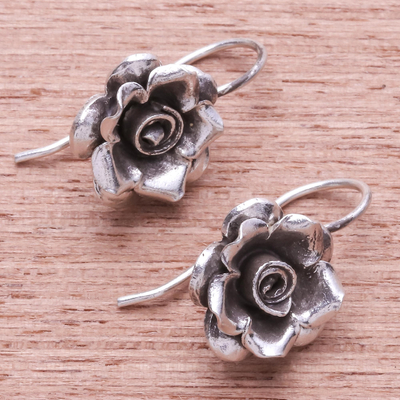 Silver drop earrings, 'Hill Tribe Roses' - Rose Theme Thai Karen Hill Tribe Silver Drop Earrings
