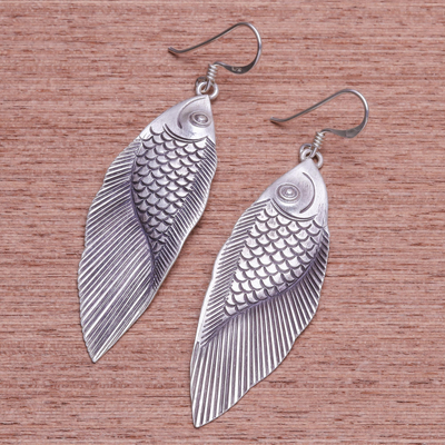 Silver dangle earrings, 'Karen Fish' - Thai Karen Hill Tribe Silver Fish Earrings