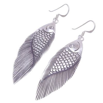 Silver dangle earrings, 'Karen Fish' - Thai Karen Hill Tribe Silver Fish Earrings