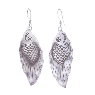 Silver dangle earrings, 'Hill Tribe Koi' - Thai Karen Hill Tribe Silver Koi Fish Dangle Earrings