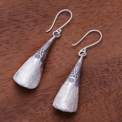 Silver dangle earrings, 'Fish Stamp' - Fish Pattern Karen Silver Dangle Earrings from Thailand