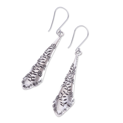 Silver dangle earrings, 'Dewy Garden' - Floral Pattern Karen Silver Dangle Earrings from Thailand