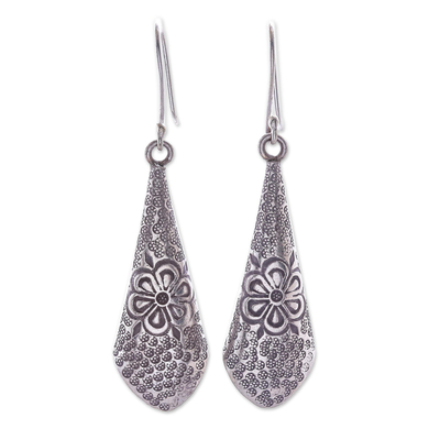 Silver dangle earrings, 'Karen Fantasy' - Floral Motif Karen Silver Dangle Earrings from Thailand