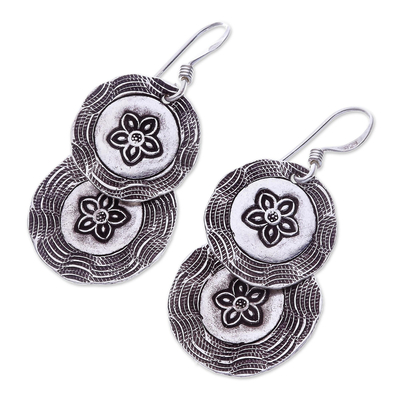 Silver dangle earrings, 'Floral Cyclones' - Round Floral Karen Silver Dangle Earrings from Thailand