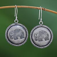 Silver dangle earrings, 'Elephant Portraits' - Elephant Stamp Karen Silver Dangle Earrings from Thailand