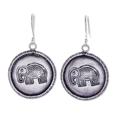 Silver dangle earrings, 'Elephant Portraits' - Elephant Stamp Karen Silver Dangle Earrings from Thailand