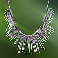 Silver beaded waterfall necklace, 'Dark Cascade'