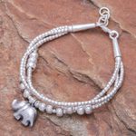 Silver beaded charm bracelet, 'Little Karen Elephant' - Thai Karen Hill Tribe Silver Elephant Bracelet