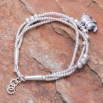 Silver beaded charm bracelet, 'Little Karen Elephant' - Thai Karen Hill Tribe Silver Elephant Bracelet