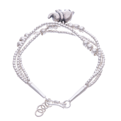 Silver beaded charm bracelet, 'Little Karen Elephant' - Thai Karen Hill Tribe Silver Elephant Bracelet