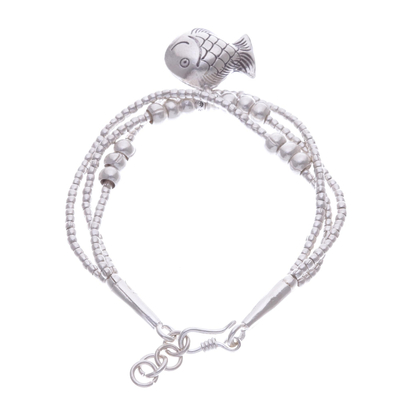 Silver beaded charm bracelet, 'Singing Karen Goldfish' - Thai Karen Hill Tribe Silver Goldfish Bracelet with a Bell