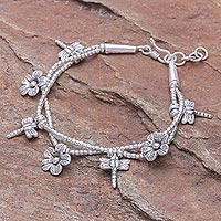 Karen Silver Double Strand Beaded Dragonfly Charm Bracelet,'Dragonfly Meadow'