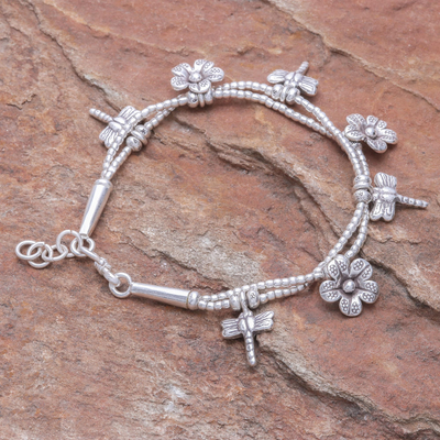 Silver charm bracelet, 'Dragonfly Meadow' - Karen Silver Double Strand Beaded Dragonfly Charm Bracelet