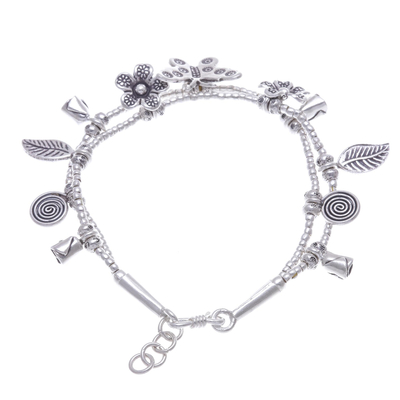 Silbernes Bettelarmband - Karen-Silberarmband mit zweisträngigen Perlen und Libellenanhängern