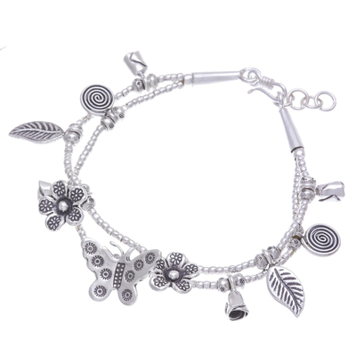 Silver charm bracelet, 'Butterfly Meadow' - Karen Silver Double Strand Beaded Dragonfly Charm Bracelet