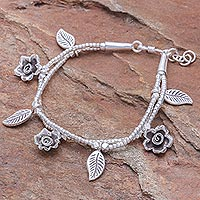Silver charm bracelet, 'Thai Garden' - Karen Silver Double Strand Beaded Floral Charm Bracelet