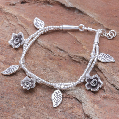 pulsera de plata - Brazalete con dije floral de cuentas de dos hileras de plata Karen