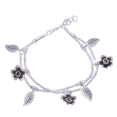 Karen Silver Double Strand Beaded Floral Charm Bracelet