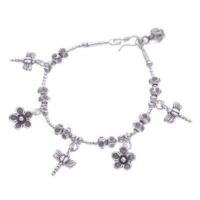 Silver beaded charm bracelet, 'Dragonfly Daisies' - Dragonfly-Themed Karen Silver Beaded Charm Bracelet