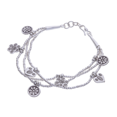 Silver beaded charm bracelet, 'Dainty Garden' - Floral Charm Karen Silver Beaded Bracelet from Thailand