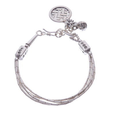 Silver charm bracelet, 'Floral Weave' - Thai Karen Hill Tribe Silver Beaded Floral Charm Bracelet