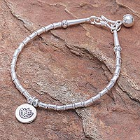 Silver charm bracelet, 'Lotus Calm' - Thai Karen Hill Tribe Silver Beaded Lotus Charm Bracelet