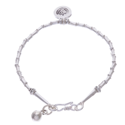Silver charm bracelet, 'Lotus Calm' - Thai Karen Hill Tribe Silver Beaded Lotus Charm Bracelet