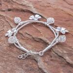 Silver beaded charm bracelet, 'Floral Forest' - Karen Silver Beaded Bracelet with Floral Charms
