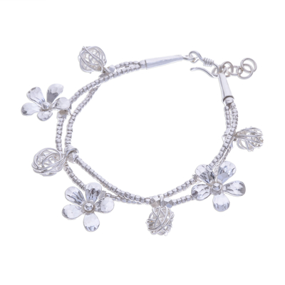 Silver beaded charm bracelet, 'Floral Forest' - Karen Silver Beaded Bracelet with Floral Charms