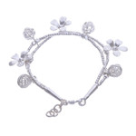 Silver beaded charm bracelet, 'Floral Forest' - Karen Silver Beaded Bracelet with Floral Charms