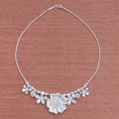 Silver beaded pendant necklace, 'Glimmering Bouquet' - Floral Karen Silver Beaded Pendant Necklace from Thailand