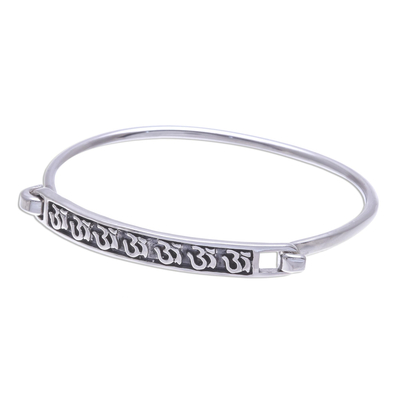 Sterling silver bangle bracelet, 'Seven Mantras' - Thai Om Symbol Sterling Silver Bangle Bracelet