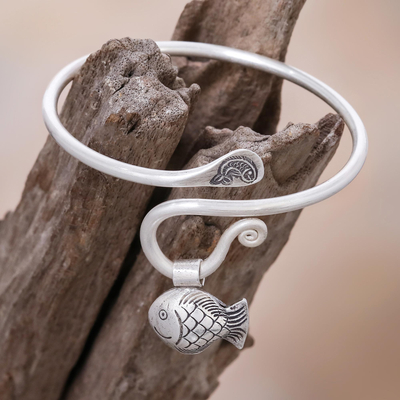 Silver charm cuff bracelet, 'Hill Tribe Goldfish' - Handcrafted Thai Hill Tribe Silver Fish Charm Bracelet
