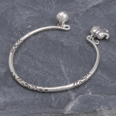 Sterling silver cuff bracelet, 'Song of the Mountains' - Thai Karen Hill Tribe Silver Cuff Elephant Bracelet