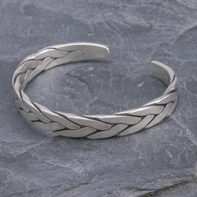 Sterling silver cuff bracelet, 'Mountain Streams' - Thai Braided Sterling Silver Cuff Bracelet