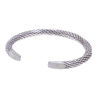 Sterling silver cuff bracelet, 'Wise Serpent' - Braided Unisex Sterling Silver Cuff Bracelet from Thailand