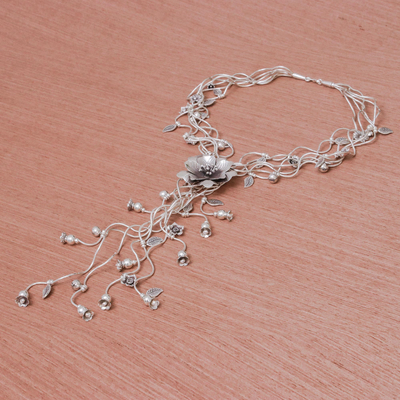 Collar en Y de plata - Impresionante collar en Y floral en cascada en plata 950