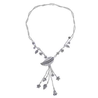 Beaded sterling silver Y-necklace, 'Natural Bounty' - Thai Hill Tribe Style Nature-Themed Silver Y-Necklace